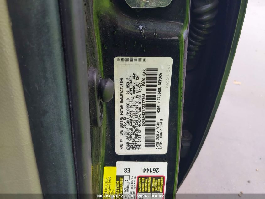 2010 Toyota Corolla Le VIN: 1NXBU4EE7AZ377794 Lot: 39807072