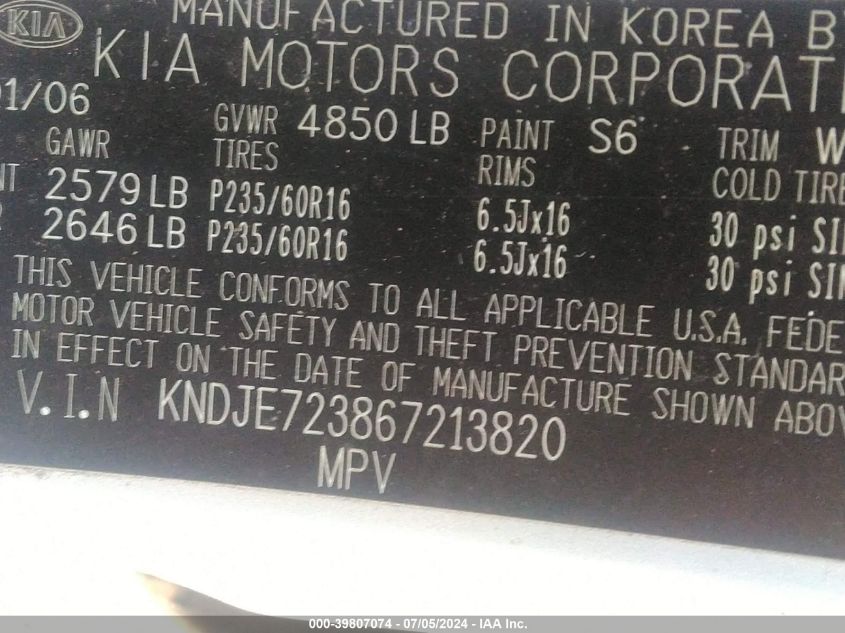 2006 Kia Sportage Ex V6/Lx V6 VIN: KNDJE723867213820 Lot: 39807074