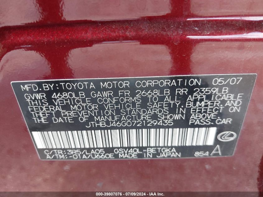 2007 Lexus Es 350 VIN: JTHBJ46G072129435 Lot: 39807076