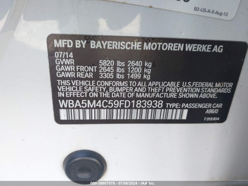 2015 BMW 535I Gran Turismo xDrive VIN: WBA5M4C59FD183938 Lot: 39807078