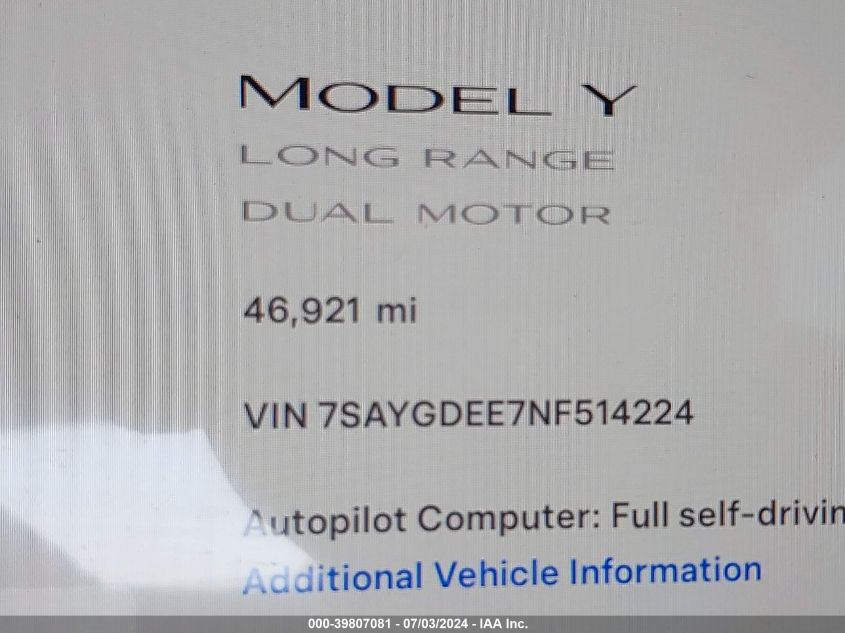 2022 Tesla Model Y Long Range Dual Motor All-Wheel Drive VIN: 7SAYGDEE7NF514224 Lot: 39807081