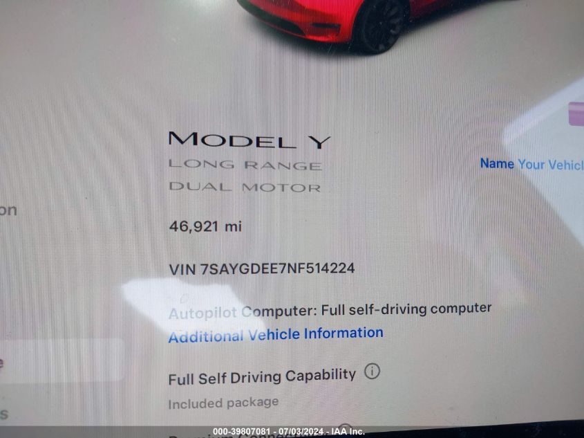 2022 TESLA MODEL Y LONG RANGE DUAL MOTOR ALL-WHEEL DRIVE - 7SAYGDEE7NF514224