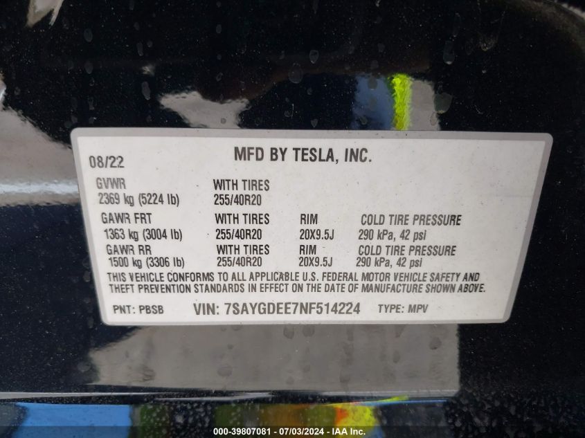 2022 Tesla Model Y Long Range Dual Motor All-Wheel Drive VIN: 7SAYGDEE7NF514224 Lot: 39807081