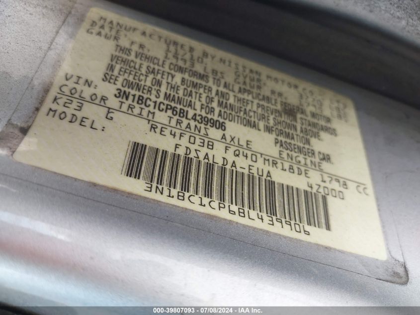 2011 Nissan Versa S/Sl VIN: 3N1BC1CP6BL439906 Lot: 39807093