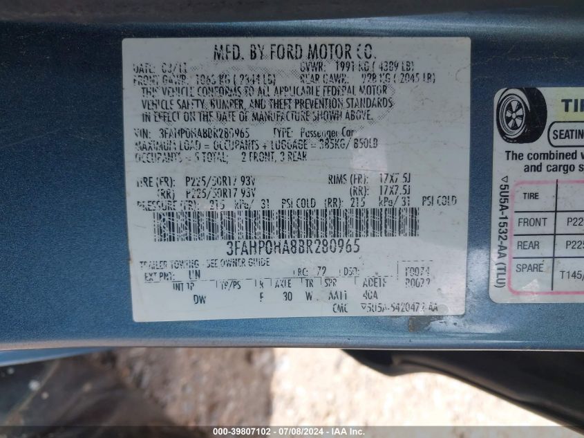 2011 Ford Fusion Se VIN: 3FAHP0HA8BR280965 Lot: 39807102