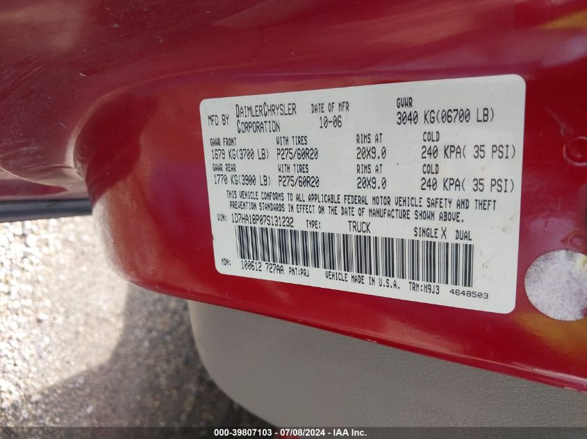 2007 Dodge Ram 1500 Slt VIN: 1D7HA18P07S131232 Lot: 39807103