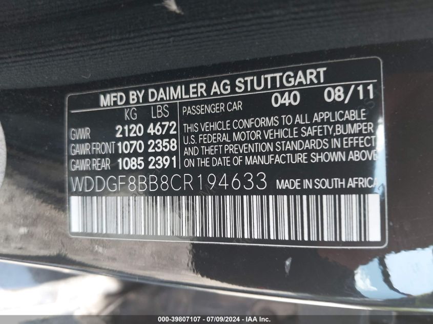 2012 Mercedes-Benz C 300 Luxury 4Matic/Sport 4Matic VIN: WDDGF8BB8CR194633 Lot: 39807107