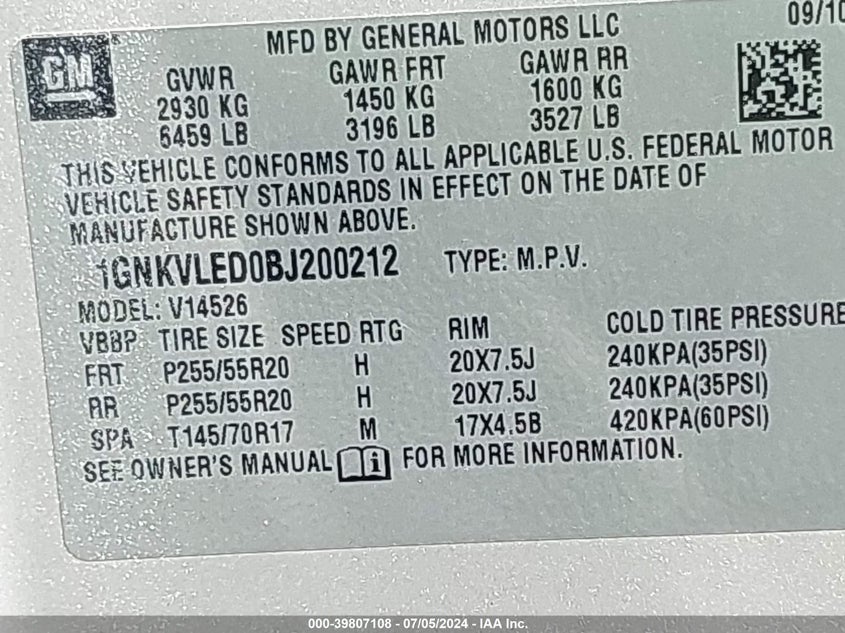 2011 Chevrolet Traverse Ltz VIN: 1GNKVLED0BJ200212 Lot: 39807108
