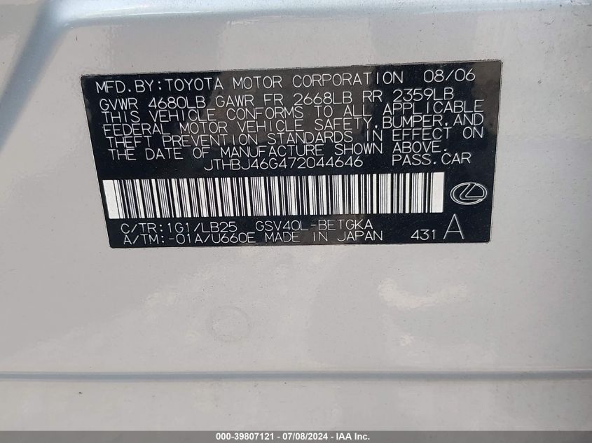 2007 Lexus Es 350 VIN: JTHBJ46G472044646 Lot: 39807121