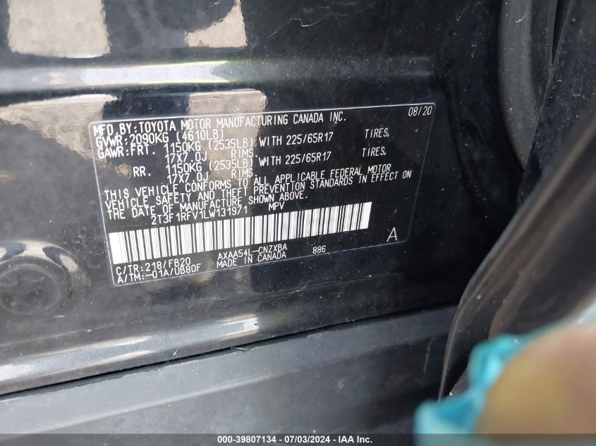 2020 Toyota Rav4 Le VIN: 2T3F1RFV1LW131971 Lot: 39807134