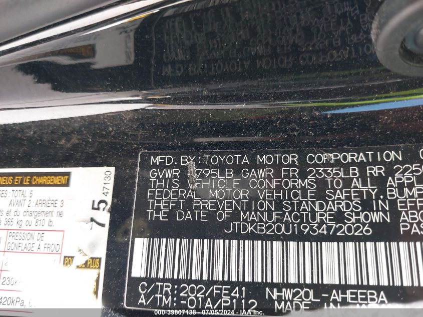 2009 Toyota Prius VIN: JTDKB20U193472026 Lot: 39807138