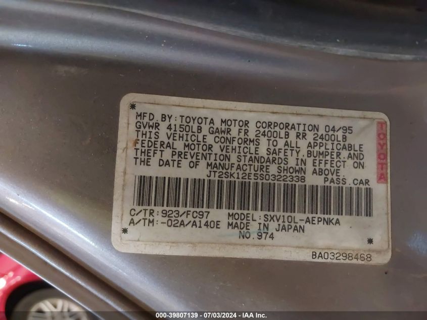 1995 Toyota Camry Le VIN: JT2SK12E5S0322338 Lot: 39807139