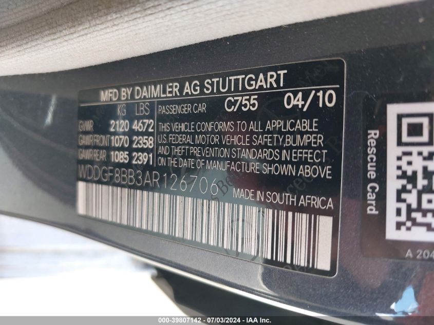 2010 Mercedes-Benz C 300 Luxury 4Matic/Sport 4Matic VIN: WDDGF8BB3AR126706 Lot: 39807142