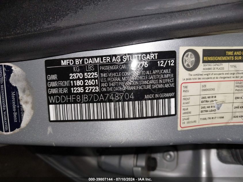 2013 Mercedes-Benz E 350 4Matic VIN: WDDHF8JB7DA748704 Lot: 39807144