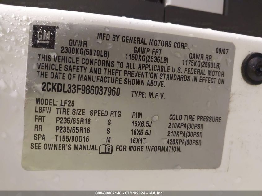 2008 Pontiac Torrent VIN: 2CKDL33F986037960 Lot: 39807148