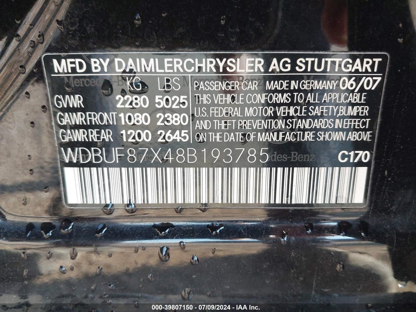 2008 Mercedes-Benz E 350 4Matic VIN: WDBUF87X48B193785 Lot: 39807150