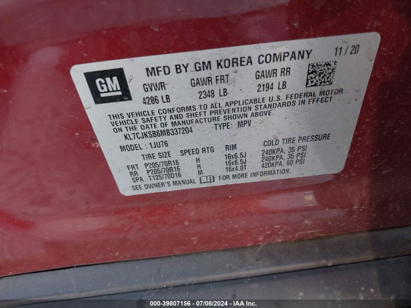 2021 Chevrolet Trax Fwd Ls VIN: KL7CJKSB6MB337204 Lot: 39807156