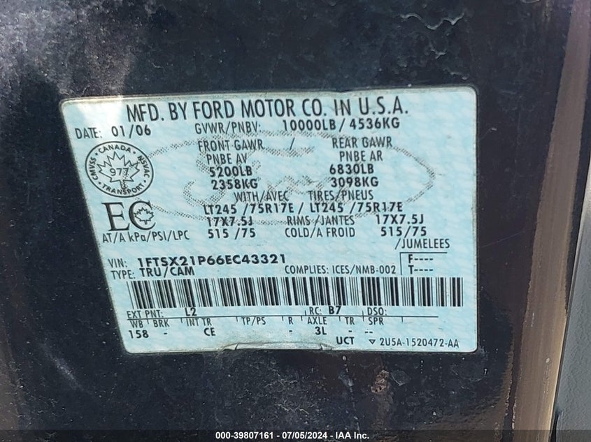 2006 Ford F-250 Super Duty VIN: 1FTSX21P66EC43321 Lot: 39807161