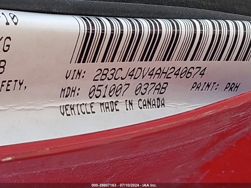2010 Dodge Challenger Se VIN: 2B3CJ4DV4AH240674 Lot: 39807163
