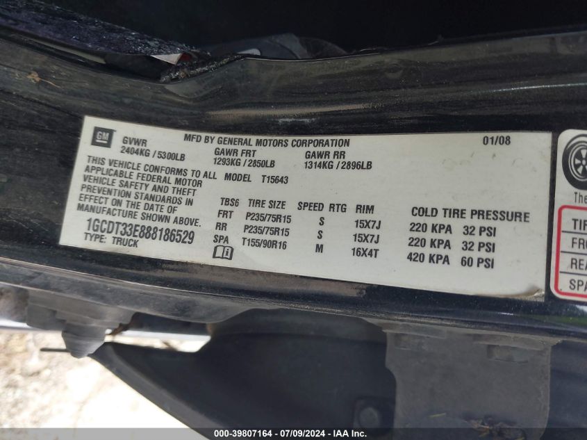 2008 Chevrolet Colorado Lt VIN: 1GCDT33E888186529 Lot: 39807164