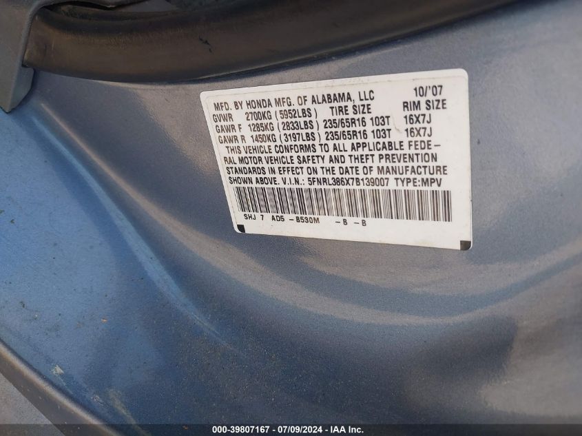 2007 Honda Odyssey Ex-L VIN: 5FNRL386X7B139007 Lot: 39807167