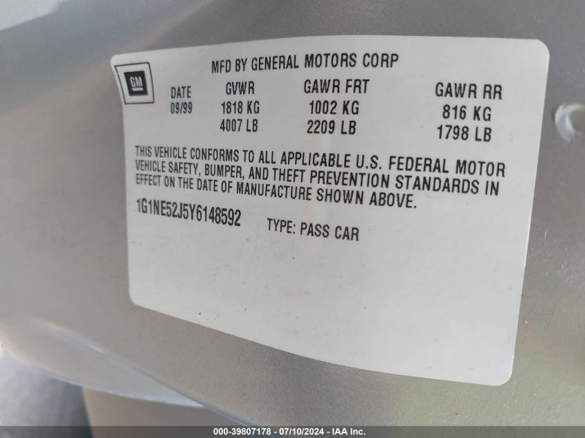 2000 Chevrolet Malibu Ls VIN: 1G1NE52J5Y6148592 Lot: 39807178