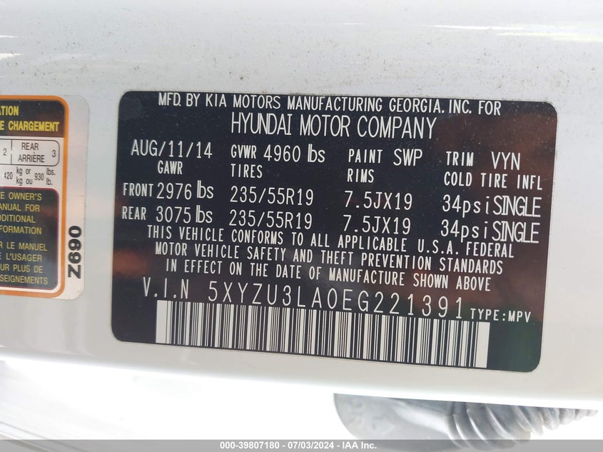 2014 Hyundai Santa Fe Sport 2.0L Turbo VIN: 5XYZU3LA0EG221391 Lot: 39807180