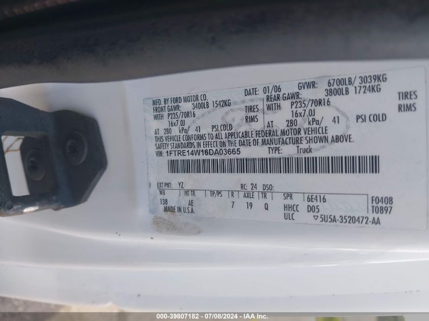 2006 Ford E-150 Commercial/Recreational VIN: 1FTRE14W16DA03665 Lot: 39807182