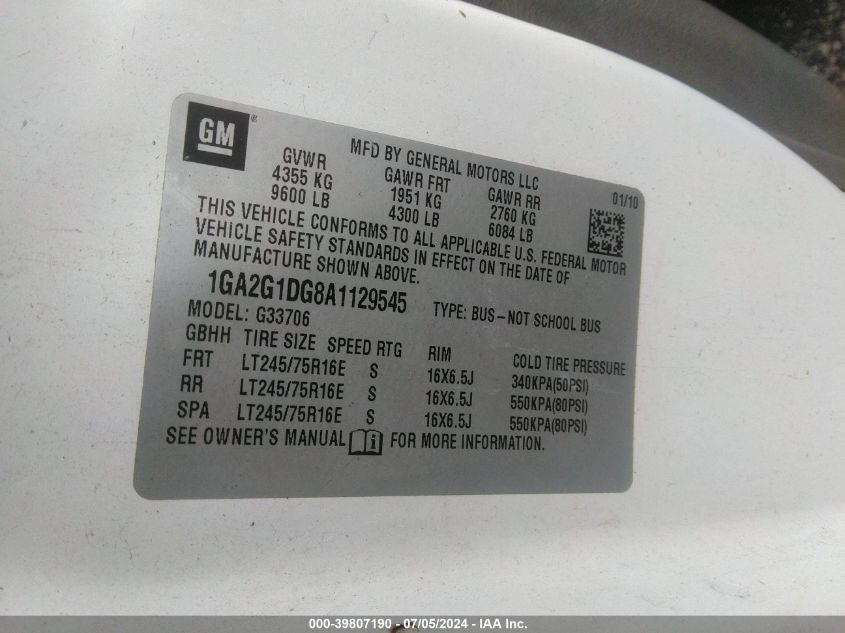 2010 Chevrolet Express 3500 Lt VIN: 1GA2G1DG8A1129545 Lot: 39807190