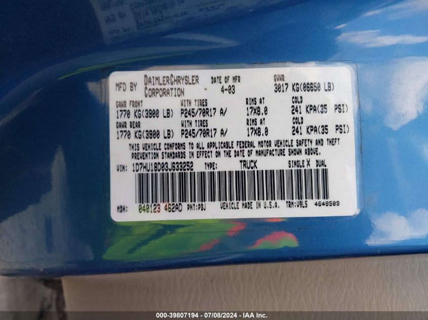 2003 Dodge Ram 1500 St/Slt VIN: 1D7HU18D03J633252 Lot: 39807194