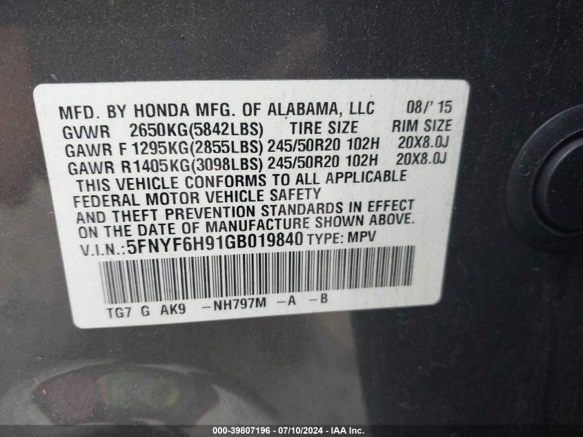 2016 Honda Pilot Touring VIN: 5FNYF6H91GB019840 Lot: 39807196