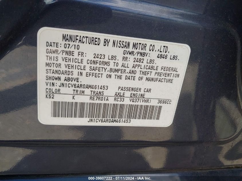 2010 Infiniti G37X VIN: JN1CV6AR0AM461453 Lot: 39807222