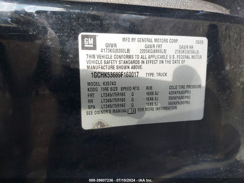 2009 Chevrolet Silverado 2500Hd Lt VIN: 1GCHK53689F160017 Lot: 39807236