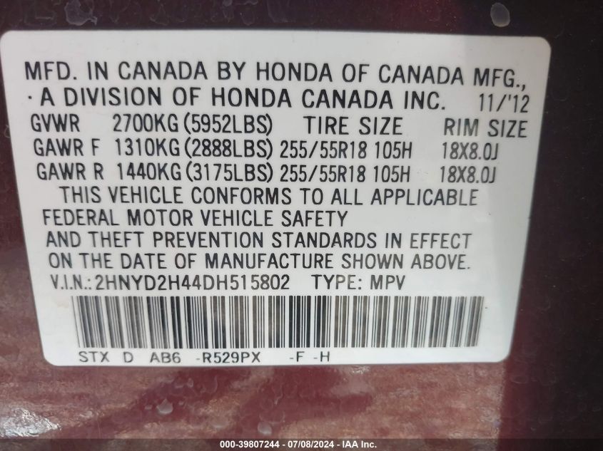 2013 Acura Mdx Technology VIN: 2HNYD2H44DH515802 Lot: 39807244