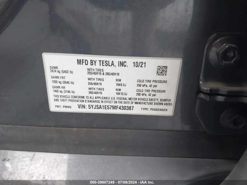 2021 Tesla Model S Long Range Dual Motor All-Wheel Drive VIN: 5YJSA1E57MF430387 Lot: 39807249