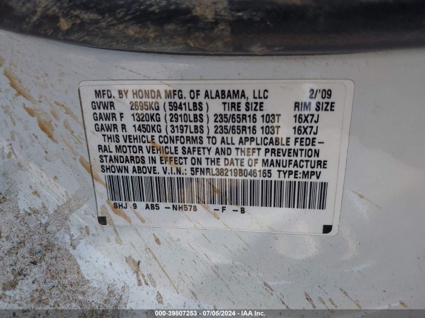 2009 Honda Odyssey Lx VIN: 5FNRL38219B046165 Lot: 39807253