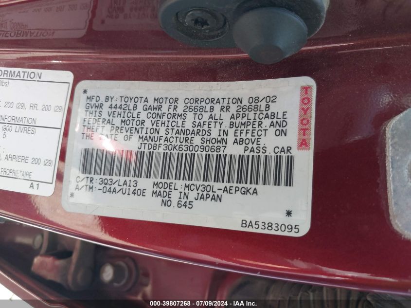 2003 Toyota Camry Xle V6 VIN: JTDBF30K630090687 Lot: 39807268