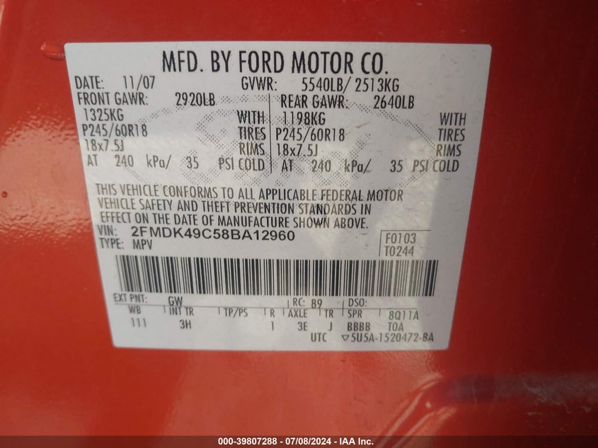 2008 Ford Edge Limited VIN: 2FMDK49C58BA12960 Lot: 39807288