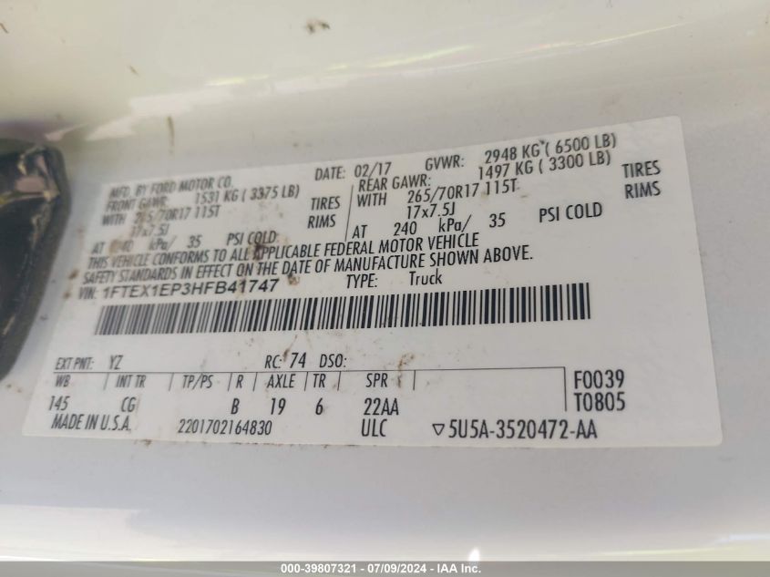 2017 Ford F150 Super Cab VIN: 1FTEX1EP3HFB41747 Lot: 39807321
