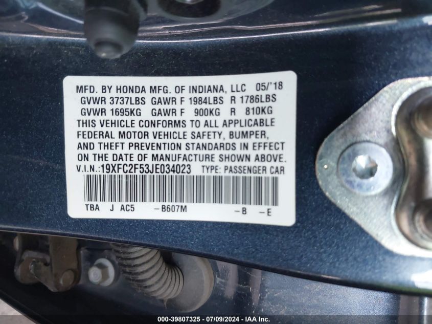 2018 Honda Civic Lx VIN: 19XFC2F53JE034023 Lot: 39807325