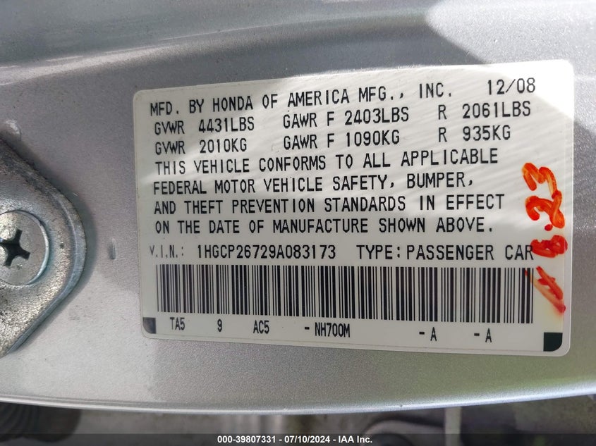 2009 Honda Accord 2.4 Ex VIN: 1HGCP26729A083173 Lot: 39807331