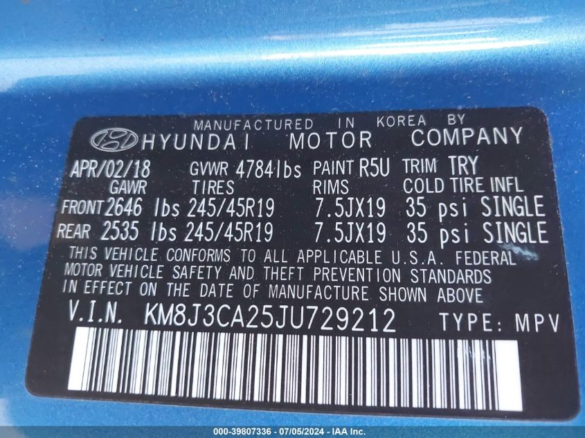 2018 Hyundai Tucson Value VIN: KM8J3CA25JU729212 Lot: 39807336