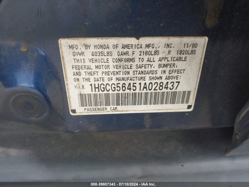 2001 Honda Accord Lx VIN: 1HGCG56451A028437 Lot: 39807343
