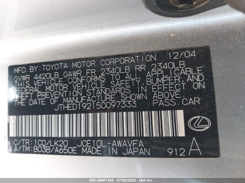 2005 Lexus Is 300 Sport Cross VIN: JTHED192150097333 Lot: 39807345