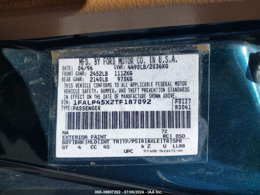 1996 Ford Mustang Gt VIN: 1FALP45X2TF187092 Lot: 39807352