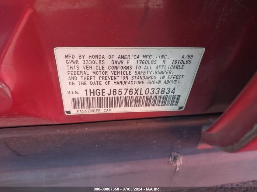 1999 Honda Civic Lx VIN: 1HGEJ6576XL033834 Lot: 39807358
