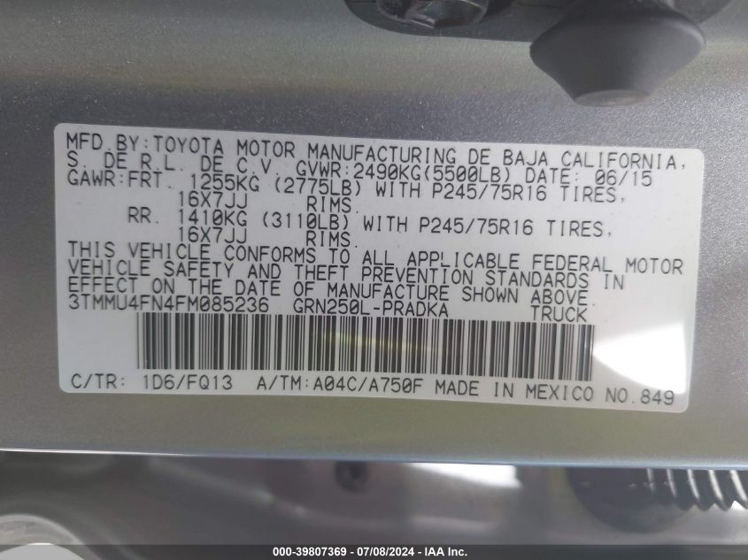 2015 Toyota Tacoma Base V6 VIN: 3TMMU4FN4FM085236 Lot: 39807369