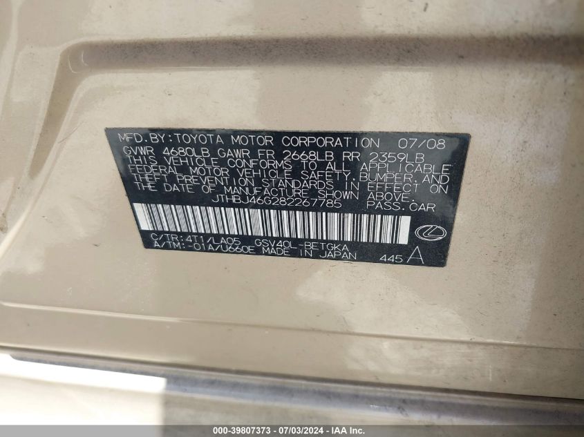 2008 Lexus Es 350 VIN: JTHBJ46G282267785 Lot: 39807373
