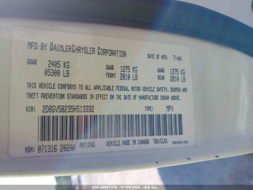 2005 Dodge Magnum Rt VIN: 2D8GV58235H513332 Lot: 39807376