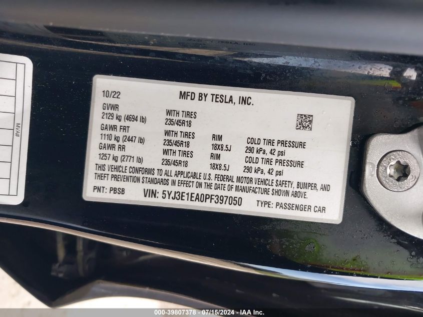 2023 Tesla Model 3 Rear-Wheel Drive VIN: 5YJ3E1EA0PF397050 Lot: 39807378